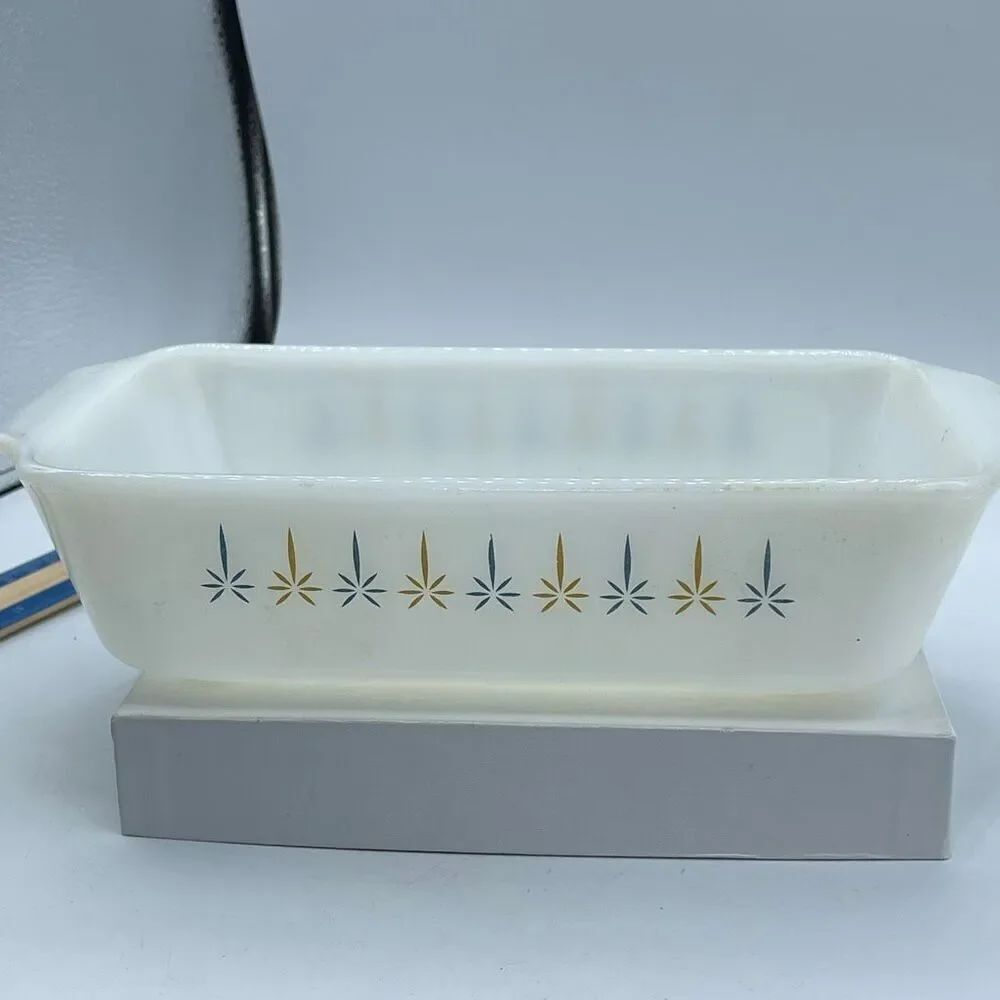Vintage Fire-King loaf pan “Candle Glow” pattern Anchor Hoking 1960.